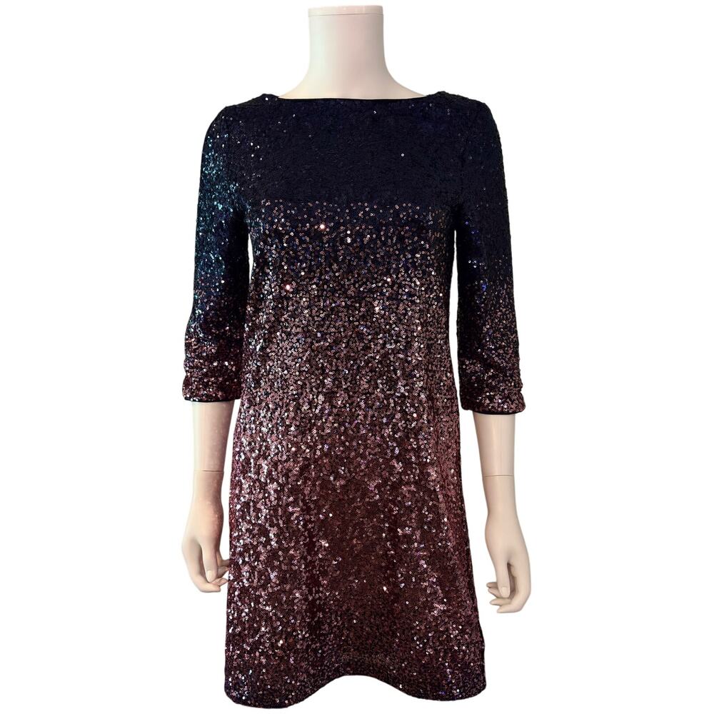 Maia Sequin Ombre Mini Dress 4 Navy Pink 3/4 Sleeve Cocktail Holiday Party - Picture 3 of 12